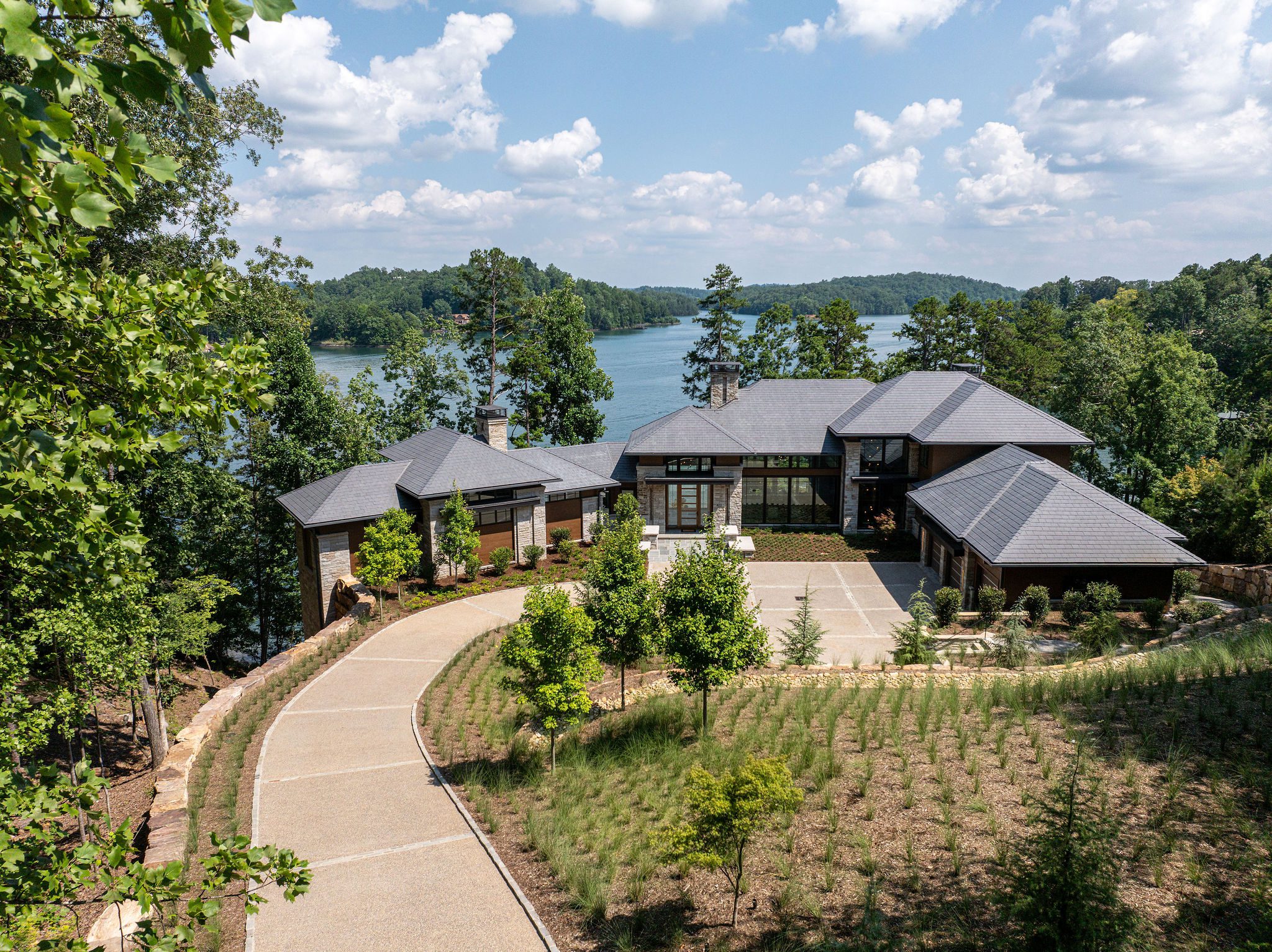 Aerial view of Gabriel Builders luxury home on Lake Keowee