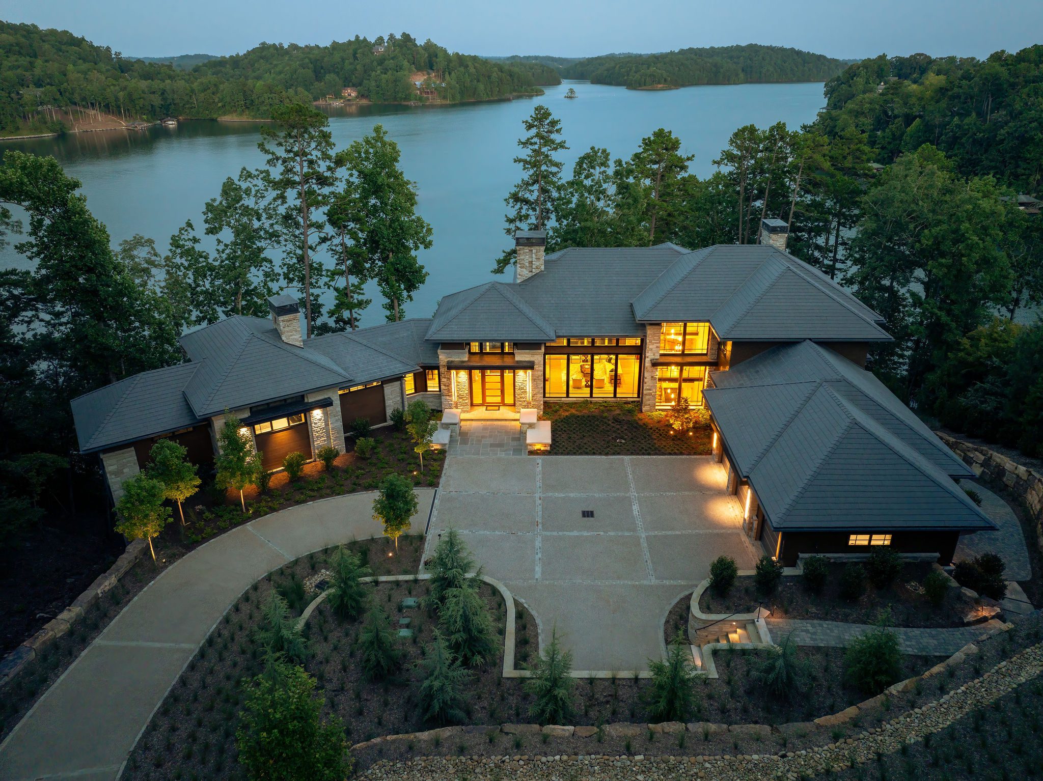 Aerial view of Gabriel Builders luxury custom home on Lake Keowee