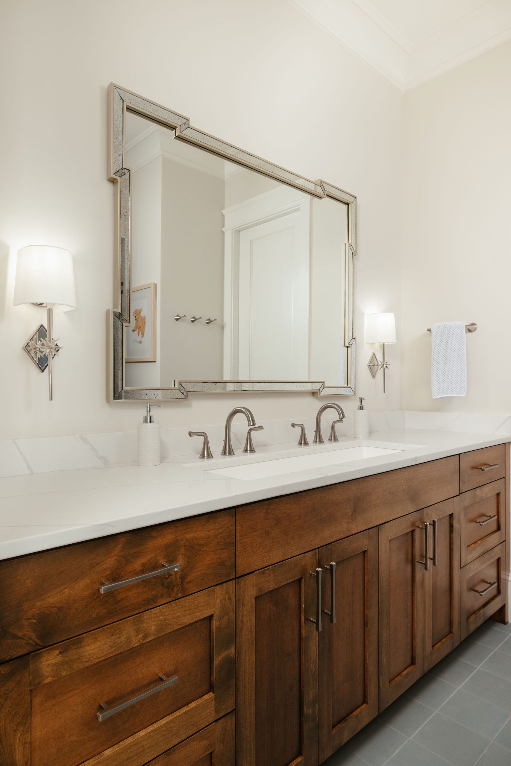 Custom designed vanity with double sinks.