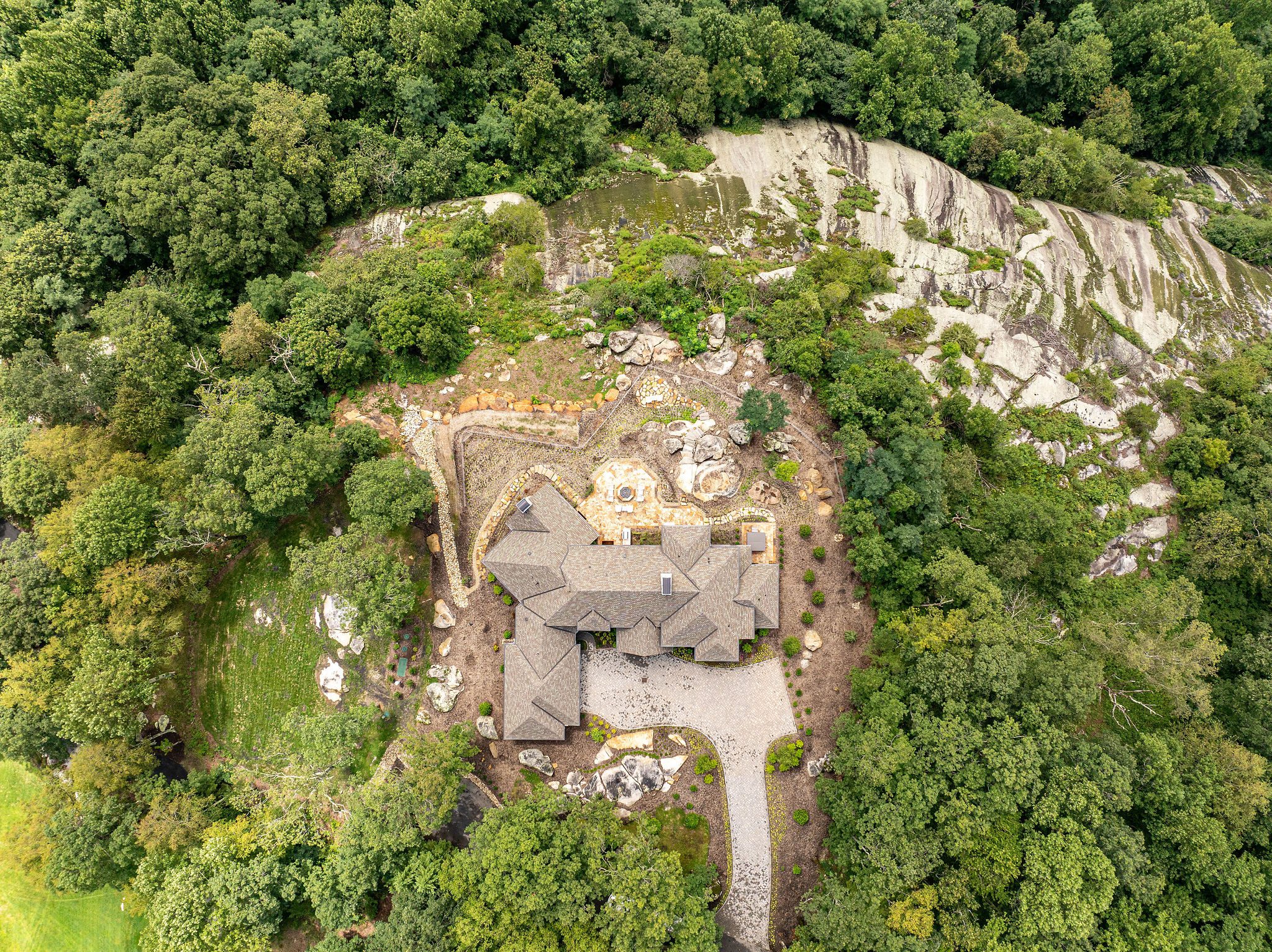 Aerial view of custom mountain home at the Cliffs at Glassy